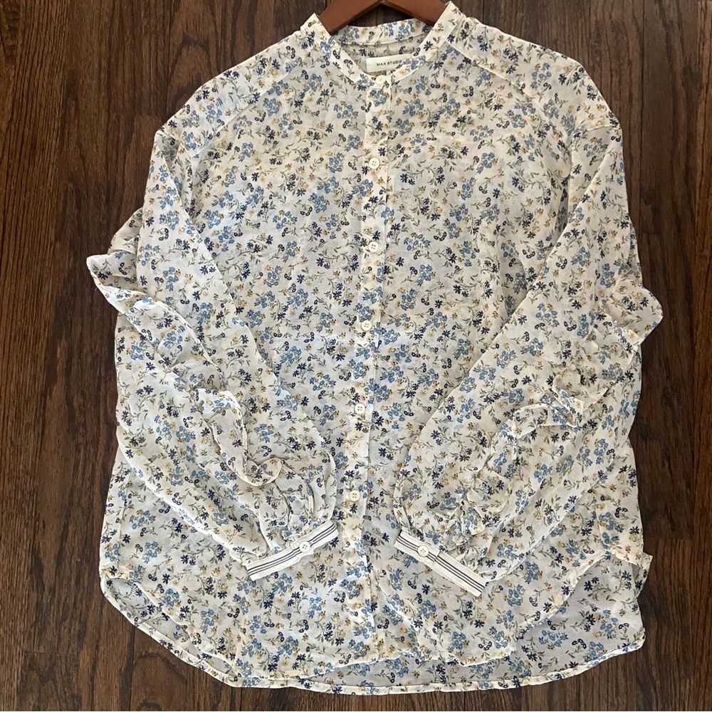 Max Studio Print Sheer Ruffle Back Chiffon Top
